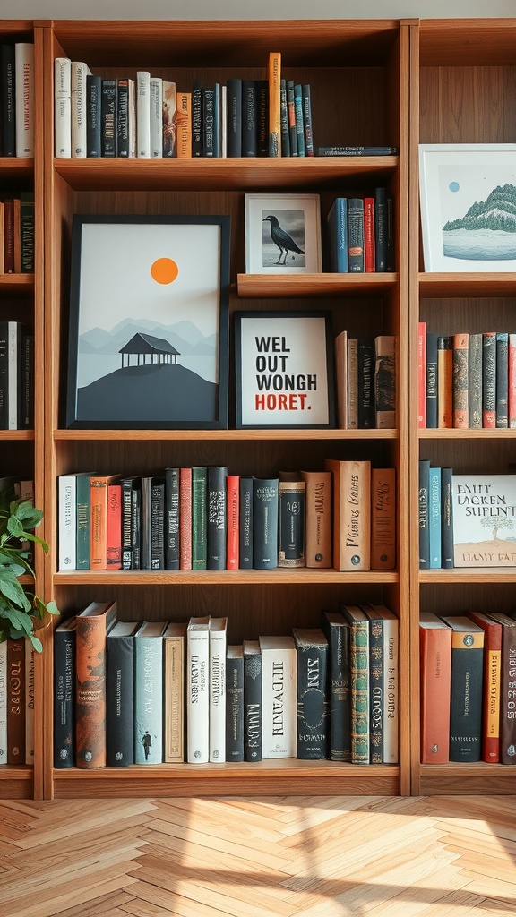 A wooden bookshelf filled with books and art pieces, showcasing a modern and cozy display.