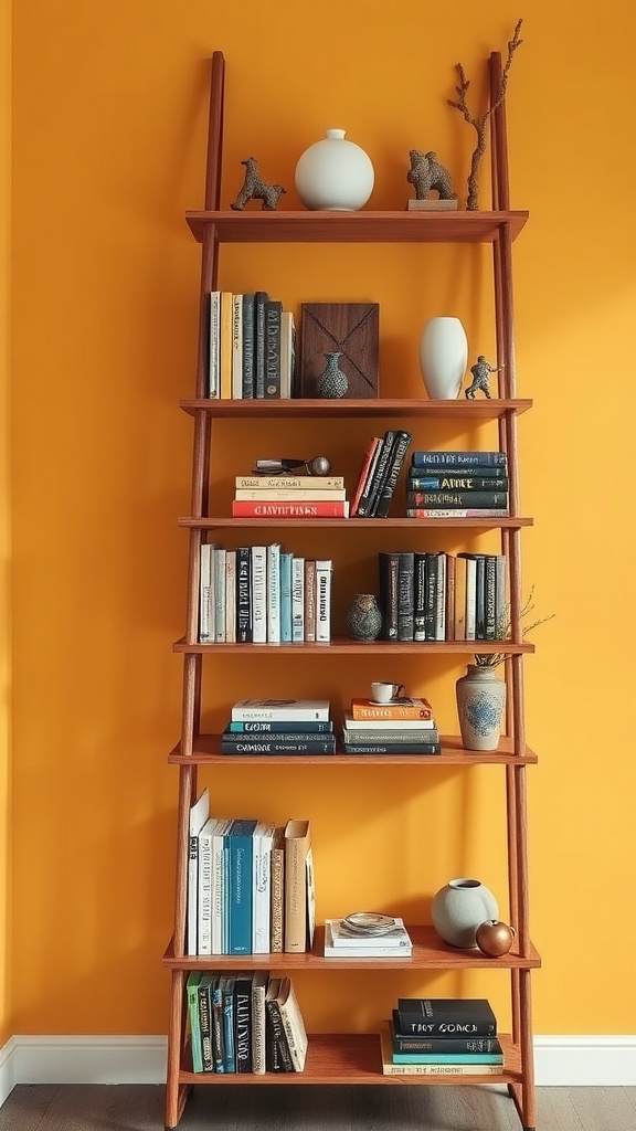 A wooden ladder bookshelf filled with books and decorative items against a bright orange wall.