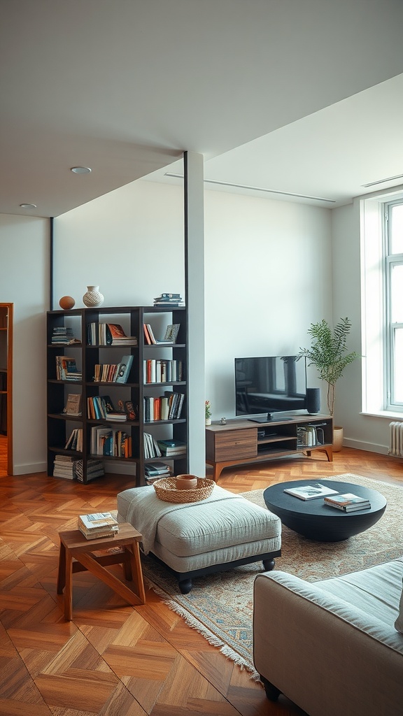 A modern bookshelf serving as a room divider, filled with books and decorative items, with a cozy seating area in front.