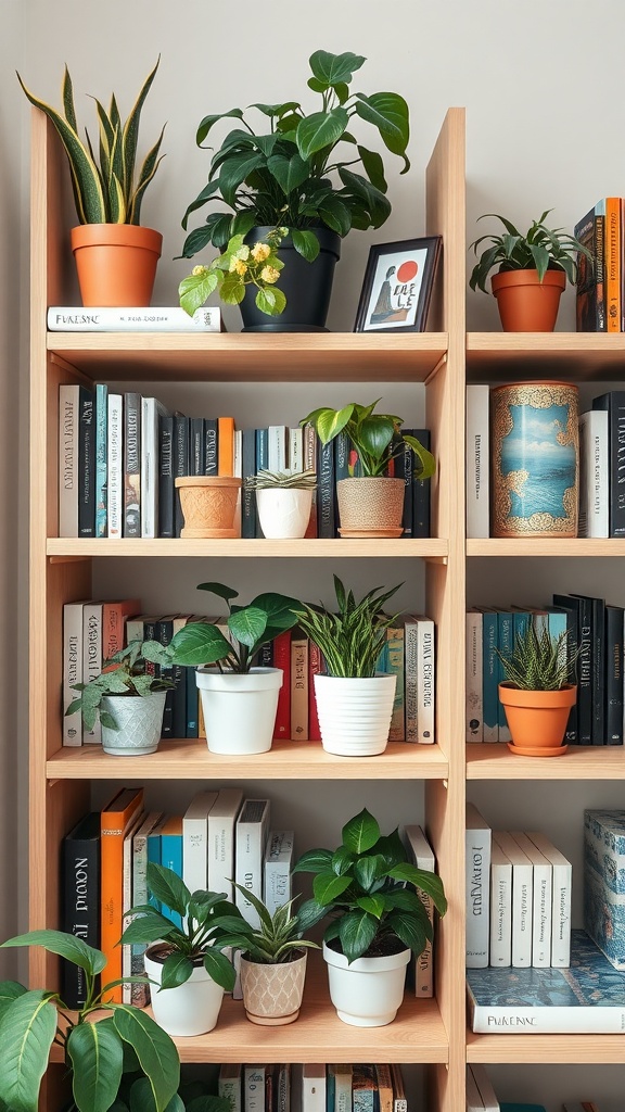 A bookshelf styled with various plants and books arranged neatly.