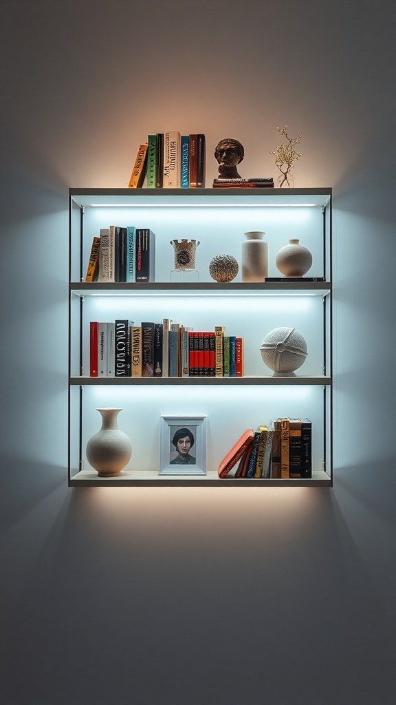 Bookshelf with integrated lighting showcasing books and decorative items