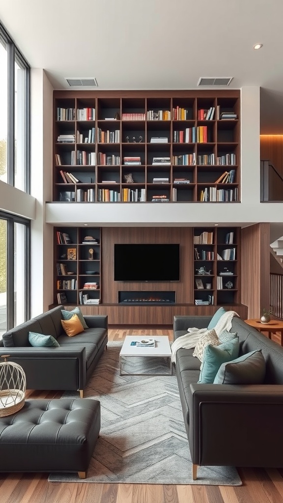 Modern wooden bookshelf acting as a room divider in a spacious living area.