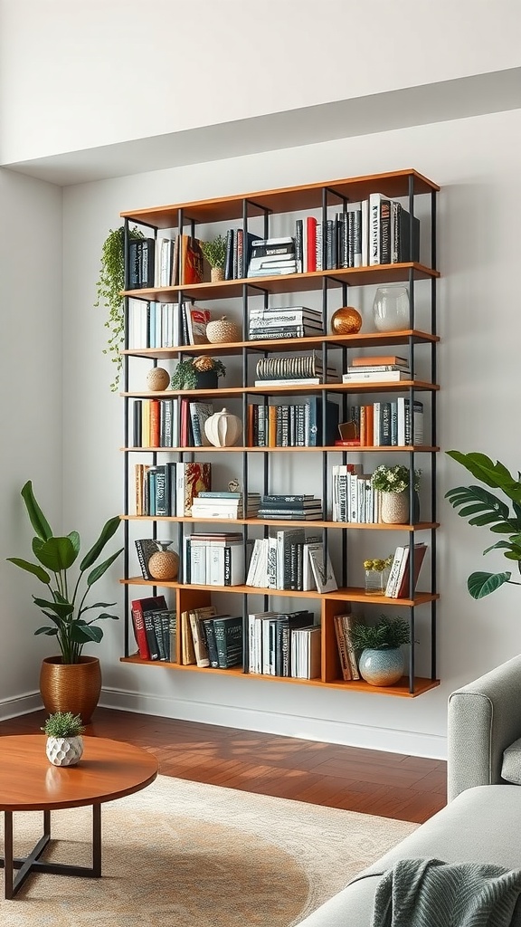 A stylish floating bookshelf filled with books and decorative items, serving as a room divider.