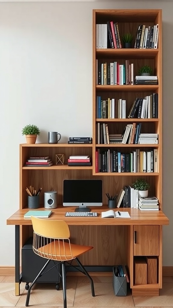 A wooden bookshelf integrated with a desk, featuring books, decorative plants, and a computer setup in a small space.