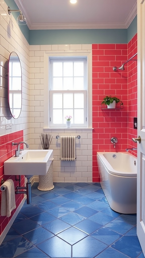 A colorful bathroom with vibrant vinyl flooring in wavy patterns, featuring orange, red, and teal colors.