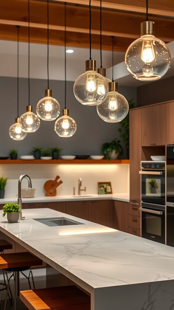 A minimalist kitchen featuring stylish pendant lights above the island, modern cabinetry, and a sleek stove.