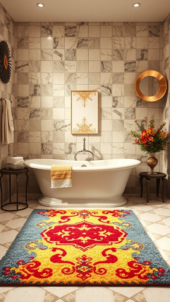 A stylish bathroom with a decorative area rug, bathtub, and floral arrangement.