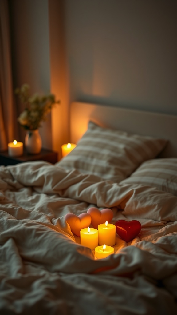 A cozy bedroom with heart-shaped candles and soft bedding, creating a romantic atmosphere.