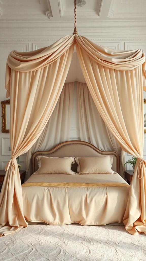 A luxurious canopy bed with elegant drapery in warm beige tones, designed for a comfy and cozy bedroom.