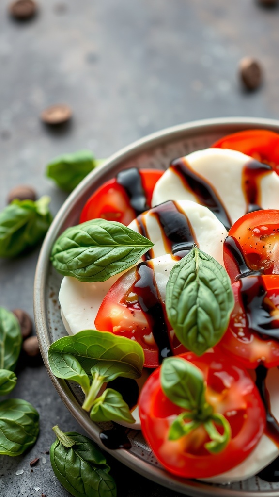 A plate of Caprese salad featuring fresh basil, mozzarella, and tomatoes with balsamic reduction.