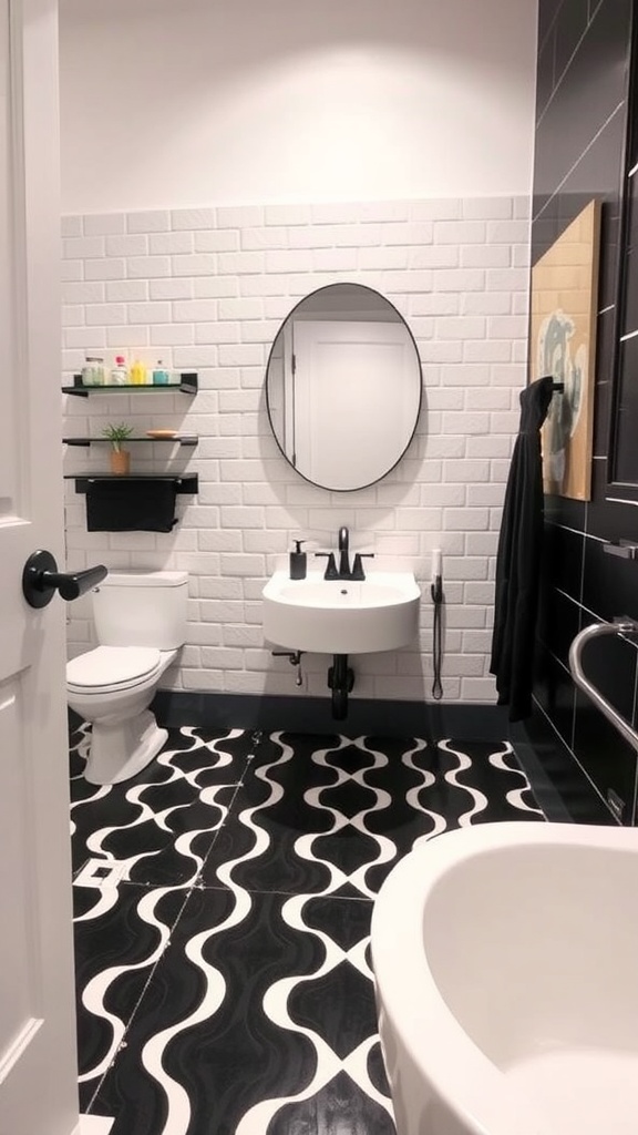 A stylish bathroom featuring black and white wavy vinyl flooring, a round mirror, and modern fixtures.