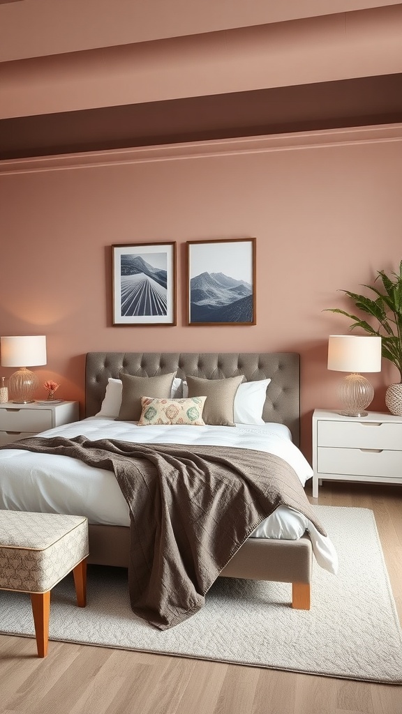 Modern luxury bedroom featuring a peach wall, a tufted bed with white linens and a brown throw blanket, framed mountain images, and green plants.