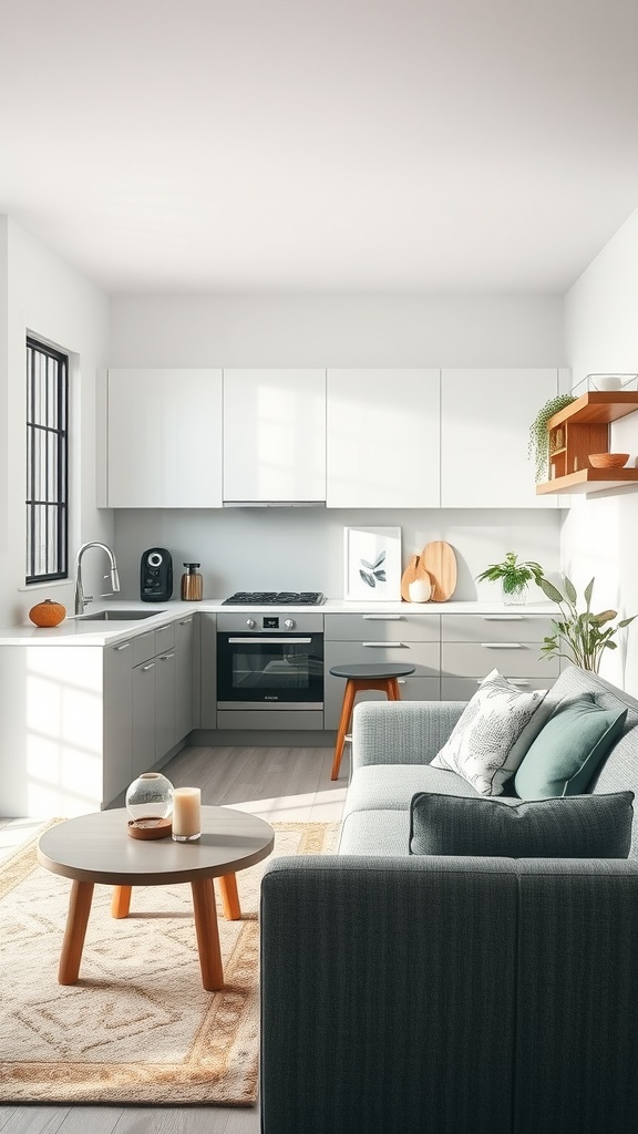 Modern kitchen with gray cabinets, a cozy sofa, and natural elements.