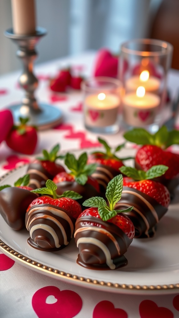 A plate of beautifully arranged chocolate-dipped strawberries garnished with mint leaves.