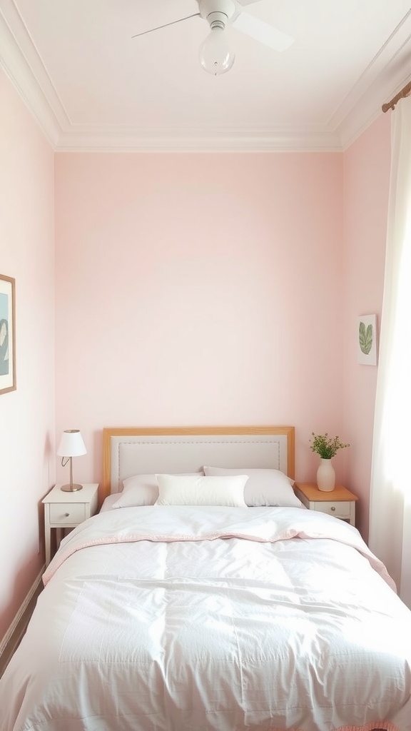 A cozy small bedroom with pink walls, a bed with light bedding, and simple furniture.