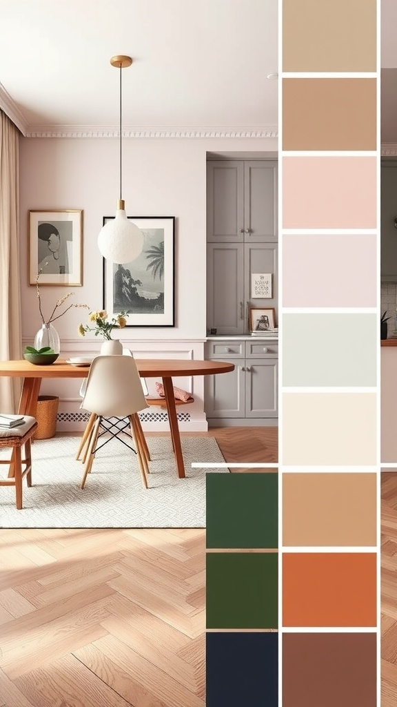A dining area with a modern color palette, featuring soft pink walls and gray cabinetry, alongside various color swatches.
