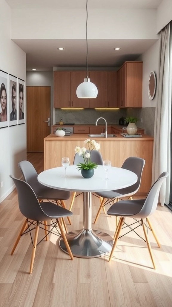 A small dining area featuring a round white table with gray chairs, complemented by a simple plant centerpiece.