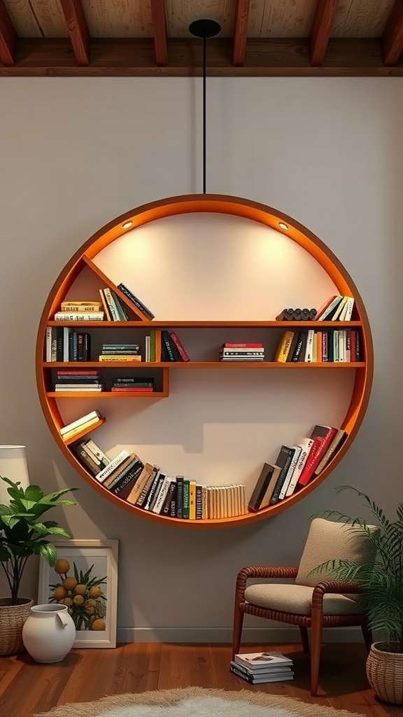 A circular floating bookshelf with books, illuminated by warm lights, in a cozy room setting.