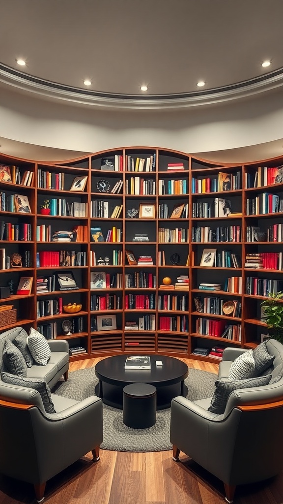 Circular shelving with books and cozy seating arrangement