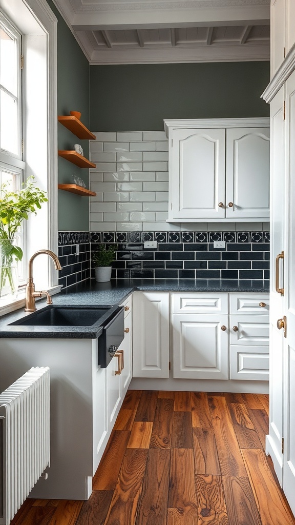 A kitchen featuring classic black and white tiled walls with warm wooden flooring, showcasing a stylish black sink and white cabinetry.