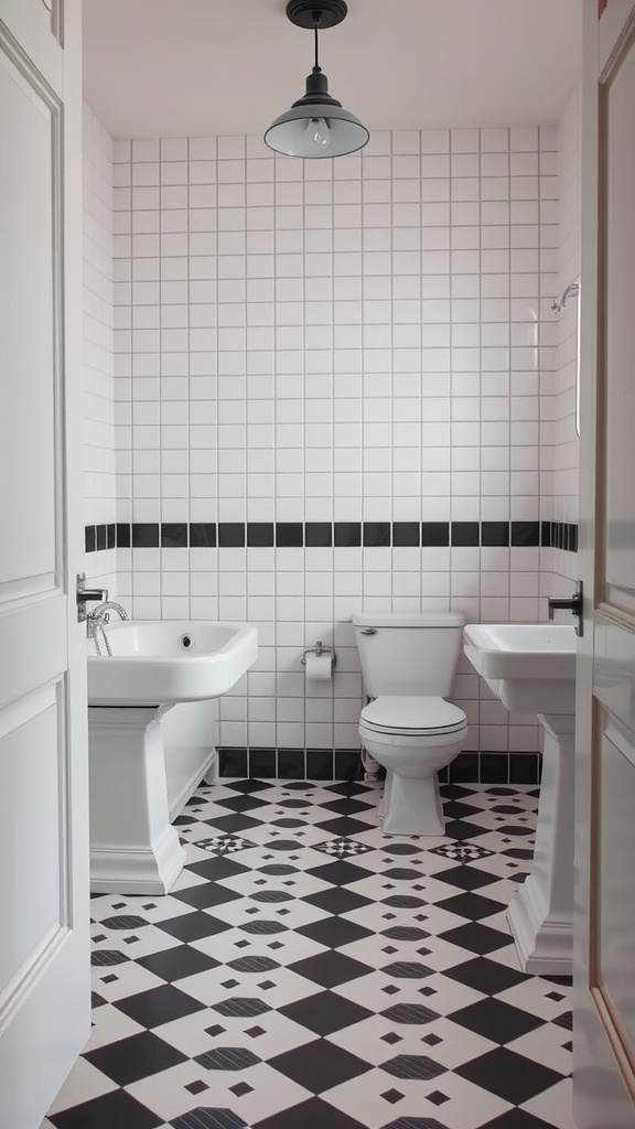 Bathroom with classic black and white checkerboard flooring and white tiled walls.