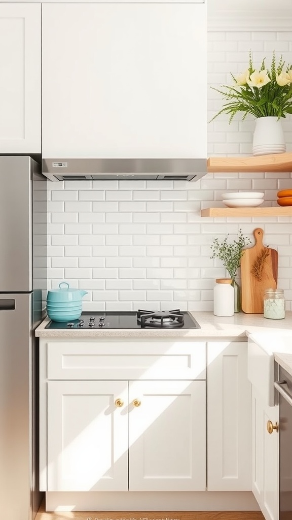 A kitchen featuring classic white subway tiles, white cabinetry, and natural wooden shelves.