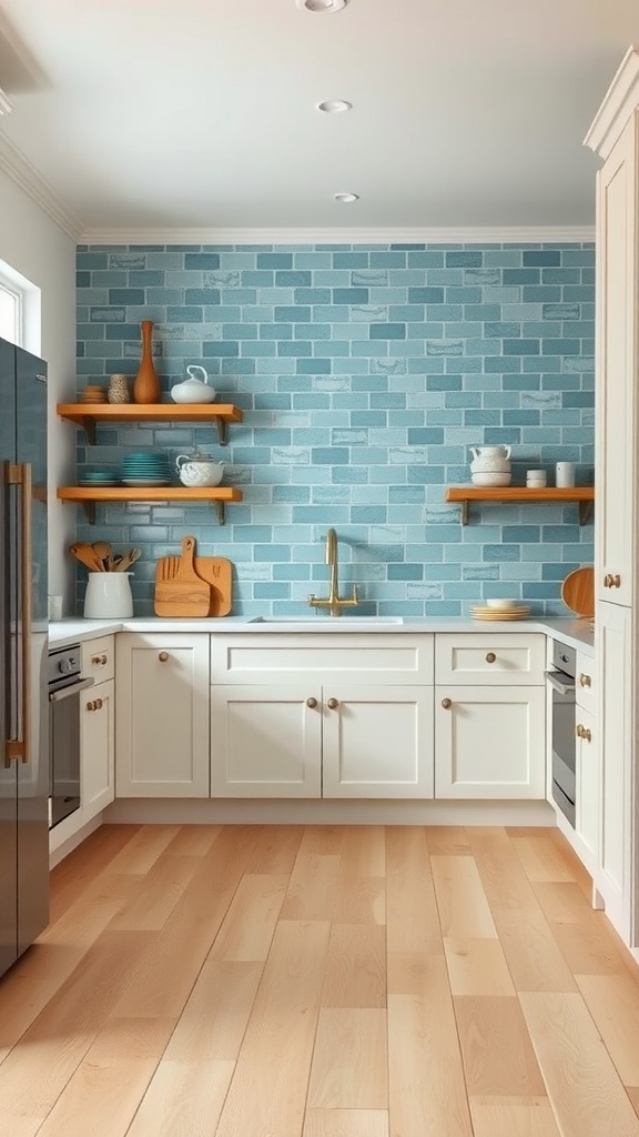 A kitchen featuring light wood flooring and sea-blue tiled walls, with open shelving displaying dishware.