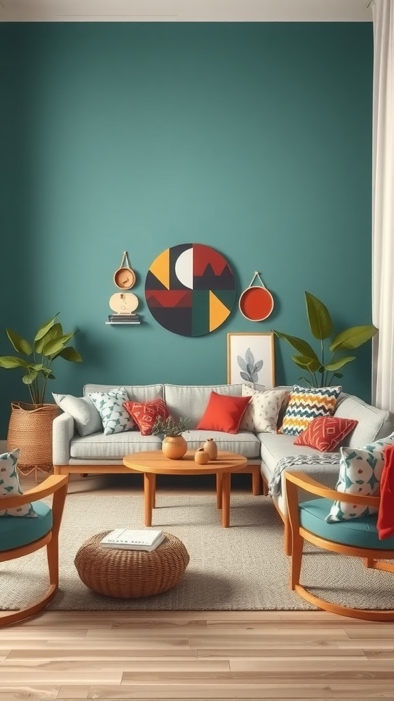 A cozy boho living room with teal walls, colorful cushions, and natural plants.