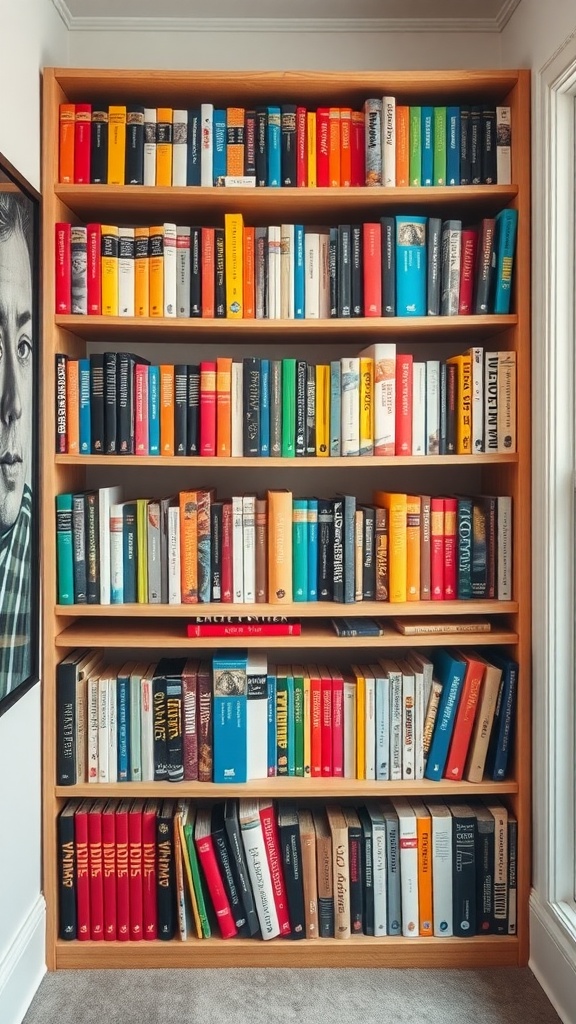 A color-coded bookshelf displaying an array of books in various colors, organized neatly across several shelves.