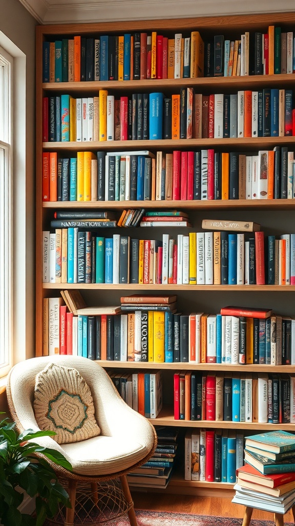 Color-coded bookshelf filled with books of various colors, featuring a cozy chair and a plant nearby.