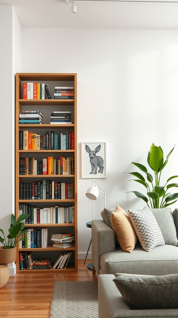 A cozy living room featuring a color-coordinated bookshelf, decorative plants, and a comfortable sofa.