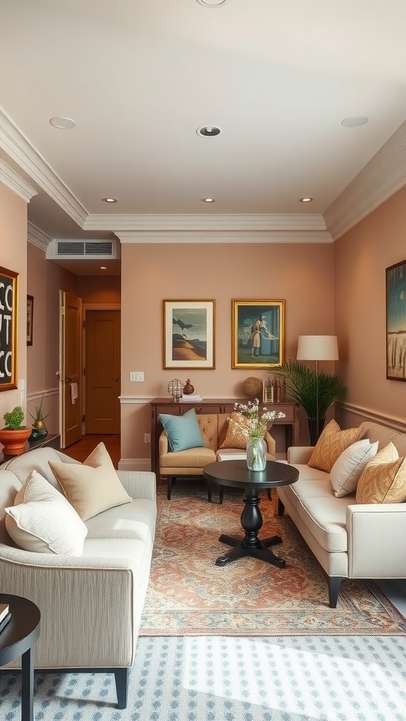 Cozy small living room and dining room combo featuring a warm color palette.