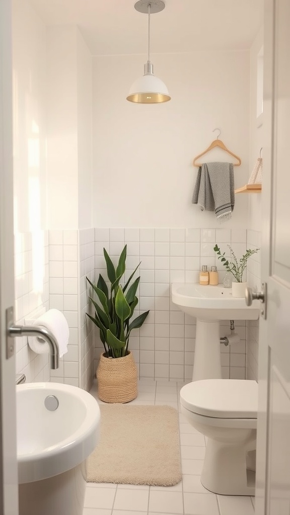 Small full bathroom with white tiles, a plant, and warm lighting