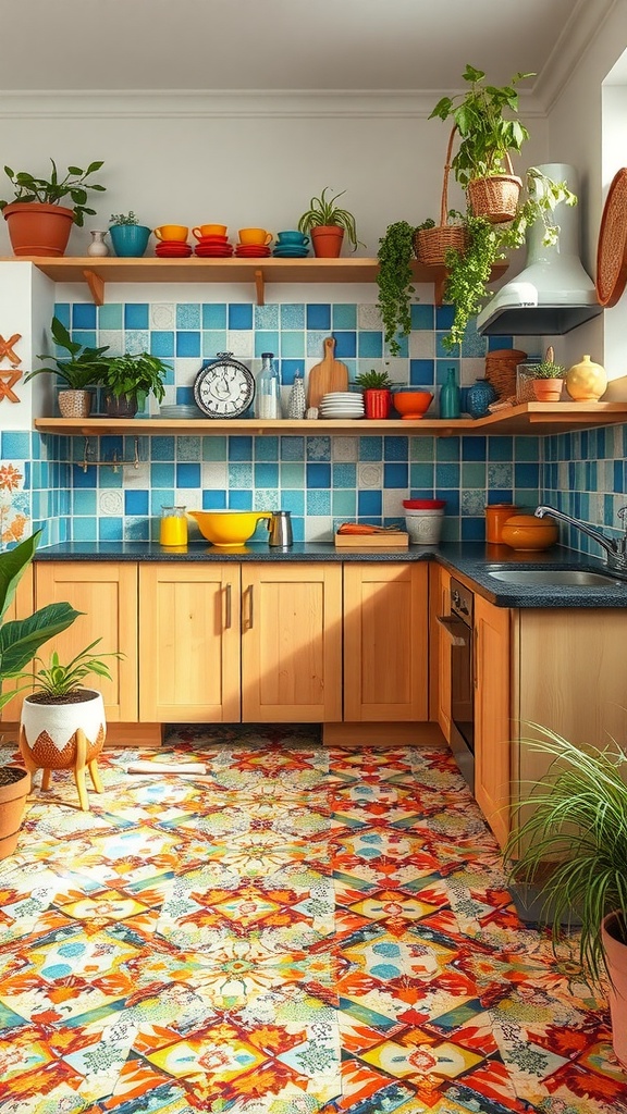 A colorful kitchen with a mosaic tile floor, blue wall tiles, wooden cabinets, and plants.