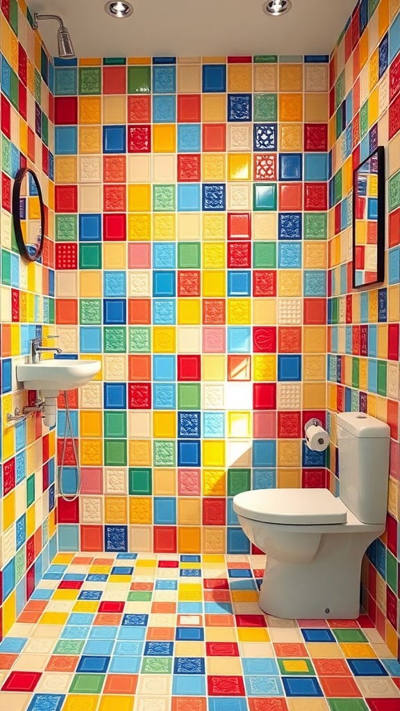 A vibrant bathroom with colorful square tiles in various shades of blue, red, yellow, and orange covering the walls and floor.