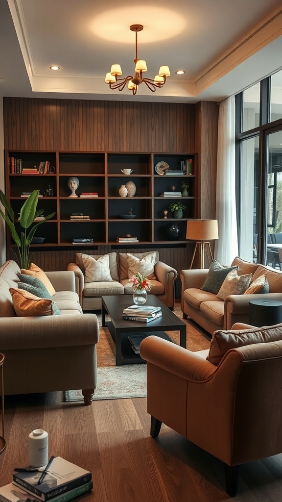 A cozy living room featuring plush sofas, a coffee table, and warm lighting, surrounded by bookshelves and plants.