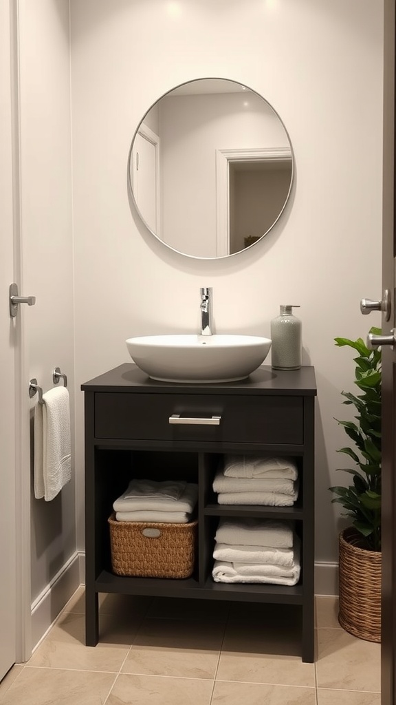 Compact bathroom vanity with a round mirror, a stylish sink, and open shelving for storage.