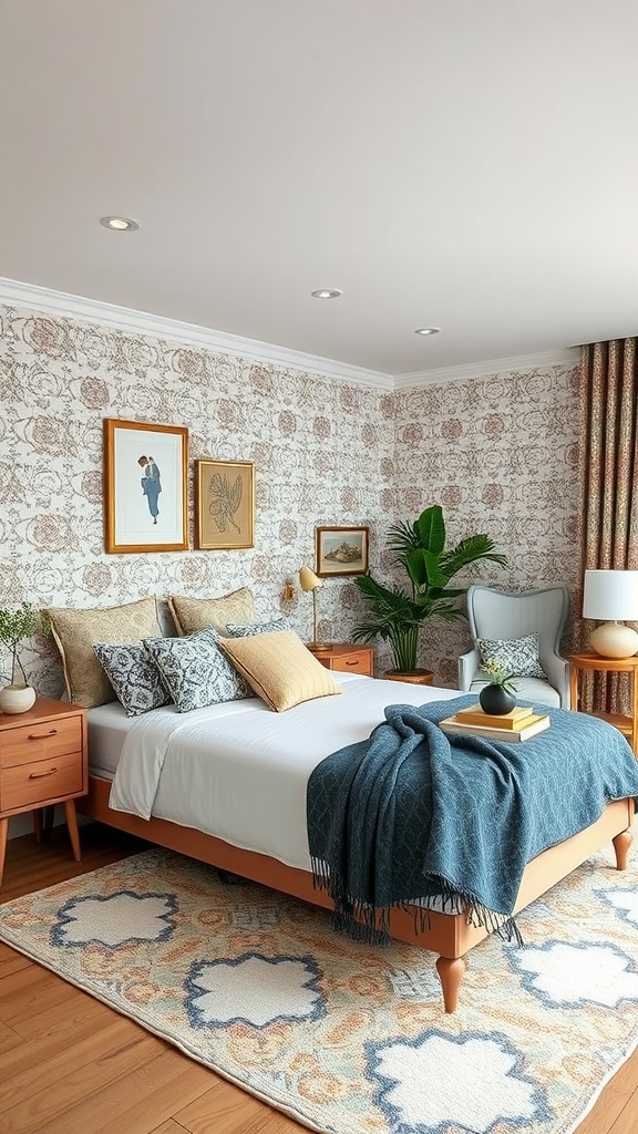 A cozy bedroom featuring floral wallpaper, patterned pillows, a warm bedspread, and wooden furniture.