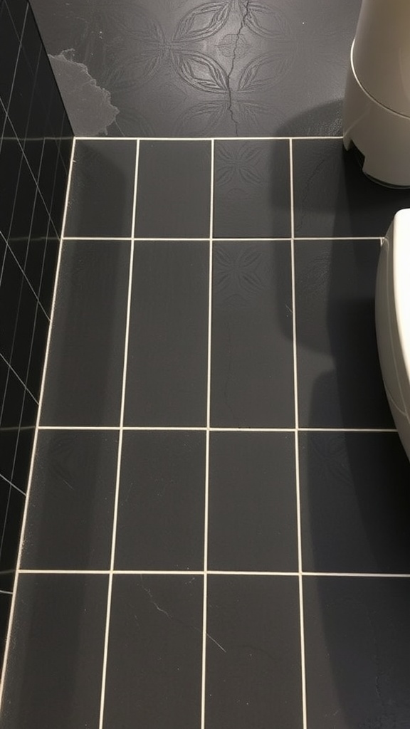 Modern bathroom with dark tiles and contrasting bright grout lines