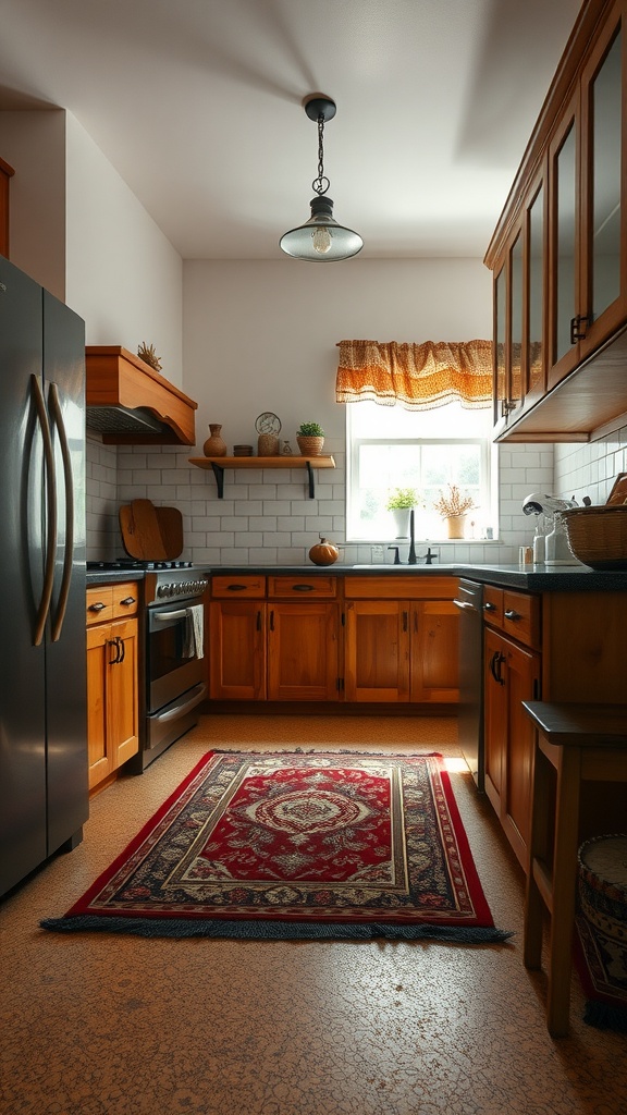 Cozy rustic kitchen featuring cork flooring and wooden cabinets, illuminated by natural light