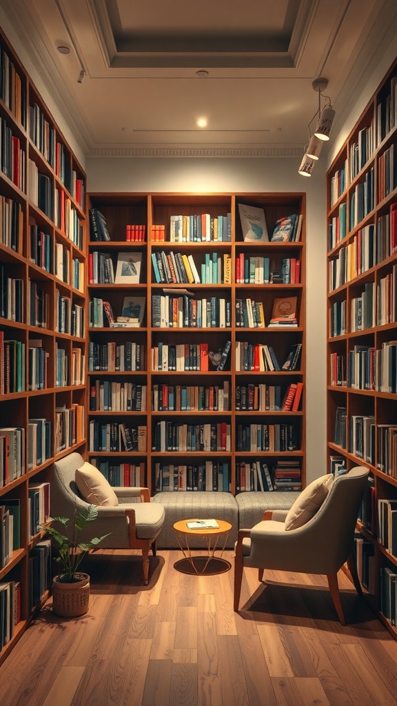 A cozy corner bookshelf nook featuring wooden shelves filled with books, two comfortable chairs, a small table, and a potted plant.