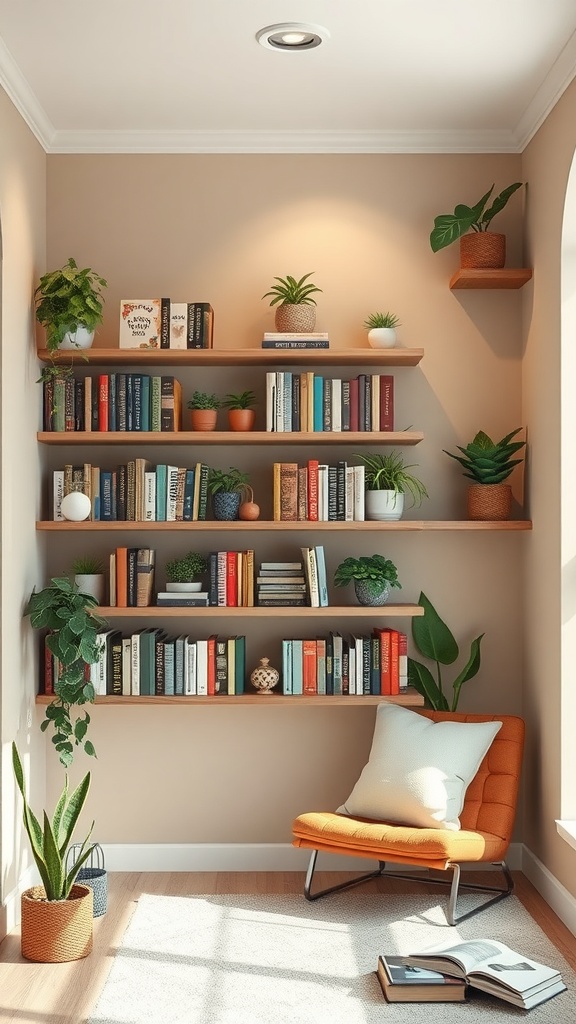 A cozy corner featuring floating bookshelves filled with books and plants, accompanied by an orange chair.