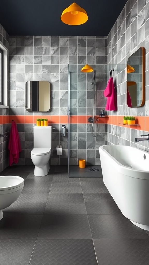 Modern bathroom with rubber flooring, gray tiles, orange accents, and white bathtub