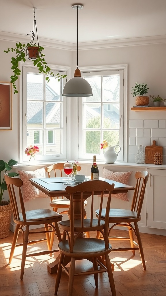 A cozy breakfast bar with wooden furniture, plants, and a drink in a sunlit kitchen.