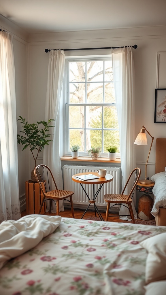 A cozy bedroom corner with two chairs and a small table by the window, decorated with plants and a cup of coffee.