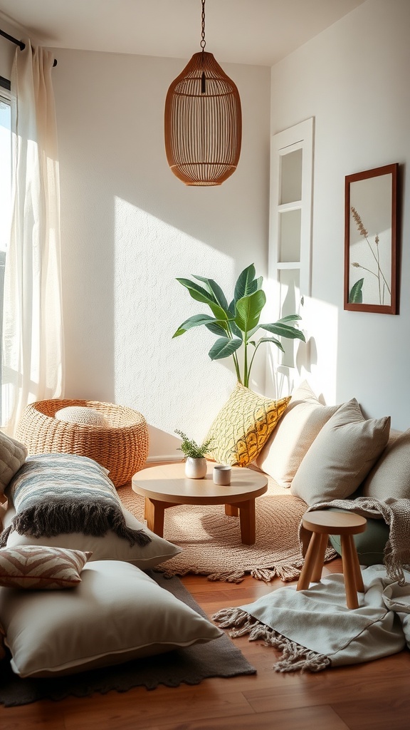 A cozy corner nook featuring soft pillows, a round wooden table, and a potted plant, illuminated by natural light.