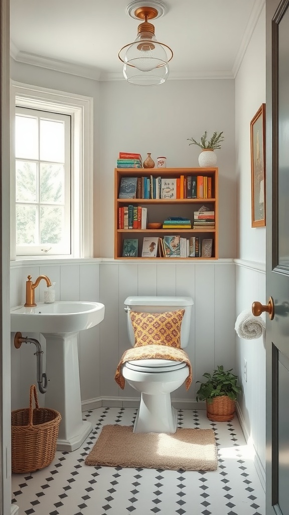 A rustic bathroom with a cozy reading nook featuring a bookshelf filled with books, a comfy pillow on the toilet, and soft lighting.