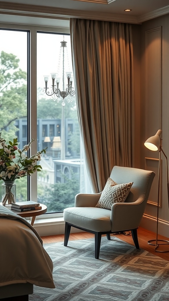 Cozy reading nook in a modern luxury bedroom with a chair, table, and vase of flowers by the window.