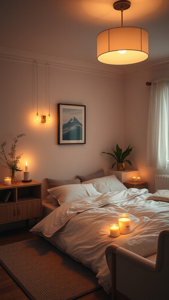 A cozy Japandi bedroom with warm lighting, featuring a bed with soft linens, candles on the bedside tables, and plants for a calm atmosphere.