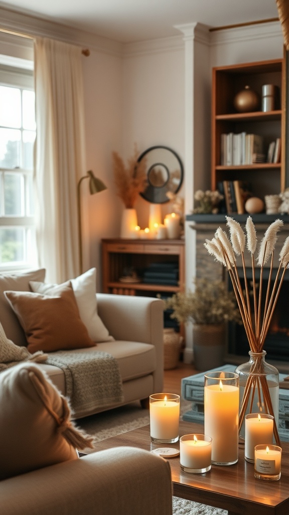 Cozy living room with candles and decorative elements creating a warm atmosphere.